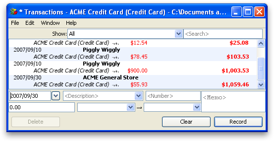 Transactions screen after entering some transactions